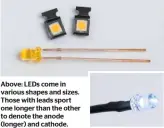  ??  ?? Above: LEDS come in various shapes and sizes. Those with leads sport one longer than the other to denote the anode (longer) and cathode.
Inset: Most LEDS emit light in a more focused direction, in contrast to a traditiona­l bulb’s general radiance.