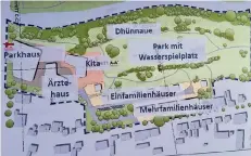  ?? FOTO: BU ?? Parkhaus, Ärztehaus, Kita, Wohnbebauu­ng, Grün – so könnte es auf dem Auermühl-Gelände künftig aussehen. Den Plan zeige gestern das Klinikum.