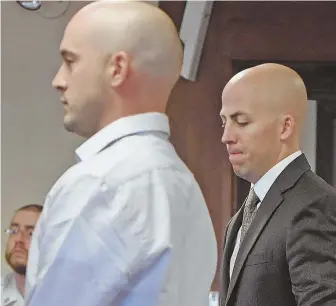  ?? By LAUREL J. SWEET staff photo, above, by patrick whittemore ?? Ian Salerno, left, and New Jersey police officer Daniel Hunt are arraigned yesterday in Suffolk Superior Court on charges involving an altercatio­n with former Boston College hockey player Kevin Lohan.