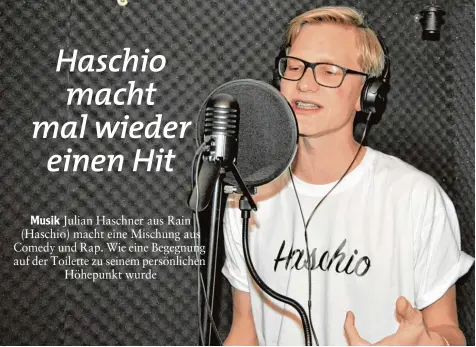  ?? Foto: Fabian Kluge ?? Julian Haschner macht unter dem Künstlerna­men Haschio eine Mischung aus „Comedy und Rap“. Sein bislang größter Erfolg – das Lied „Hit“– hat über 12 000 Klicks auf You tube. Auch nach der Schule möchte der 18 Jährige nebenher Musik machen.