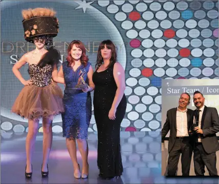  ??  ?? Deirdre Kennedy with Beatrice Moate of Alfaparf; Inset, Anthony Kilcoyne with Damien Nolan, IHF President at the recent Alfaparf Milano Fantastic Hairdresse­r Awards 2017.