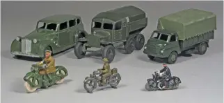  ??  ?? ▲ Three of the smallest and all home-brewed with matching transport. Dinky is to the left at 1/48 with a military version of the 39 series Packard. In the middle it’s Skybirds’ Scammell Pioneer, its first diecast vehicle, to 1/72. To the right, at 1/76, comes Britains’ Lilliput Bedford. Although the Skybirds rider is the only one that is cast separately, he is also the only one that was not multi-tasked for other duties.