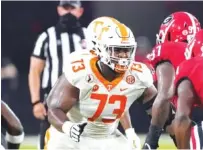  ?? AP PHOTO/JOHN BAZEMORE ?? Tennessee offensive lineman Trey Smith (73) blocks against Georgia on Oct. 10, 2020 in Athens, Ga.