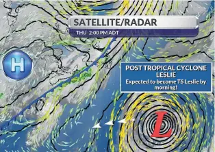  ??  ?? As seen here, Thursday Sept. 27 Leslie was a tightly wound post tropical cyclone. On Oct. 4, Leslie was a category 1 hurricane.