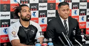  ??  ?? Kiwis captain Adam Blair and coach David Kidwell face the media following the World Cup quarterfin­al loss to Fiji.