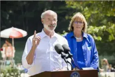  ?? PA Cast ?? Gov. Tom Wolf, joined by DCNR Secretary Cindy Adams Dunn, discusses Pennsylvan­ia state parks and the importance of outdoor spaces to people’s well-being Friday at Pine Grove Furnace State Park in Cumberland County.