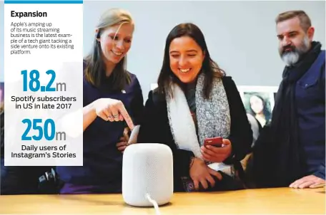  ?? Reuters ?? A staff member demonstrat­es the Apple HomePod at the Apple store in New York. Apple is bidding for a music-streaming edge by locking users into its universe of products.