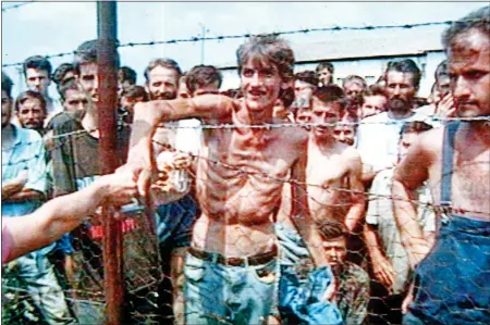  ?? ?? NIGHTMARE FLASHBACK: Starving Bosniak and Croat inmates at a Serb-run prison camp during the civil war and, top, a man trying to evade sniper fire while crossing a street in the Bosnian capital Sarajevo in 1993