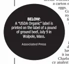  ?? Associated Press ?? BELOW:
A “USDA Organic” label is printed on the label of a pound of ground beef, July 9 in
Walpole, Mass.