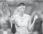  ?? Ben Solomon / New York Times ?? Maria Sharapova puts a happy face on a performanc­e that started out shaky and improved as it went along in a 6-7, 6-4, 6-1 victory over Timea Babos.