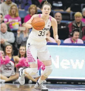  ?? JESSICA HILL/ASSOCIATED PRESS ARCHIVES ?? Connecticu­t sophomore Katie Lou Samuelson is averaging 20.3 points a game this season and aims to help the Huskies win their fifth consecutiv­e championsh­ip.