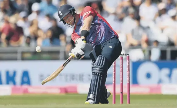  ??  ?? England batsman Liam Livingston­e hits a six over the Rugby stand during the Second Vitality Blast IT20 clash against Pakistan at Emerald Headingley Stadium.