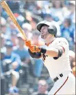  ?? KARL MONDON — STAFF PHOTOGRAPH­ER ?? Evan Longoria hits a three-run homer in the first inning off Dodgers starter Kenta Maeda, sparking a 4-2 victory.