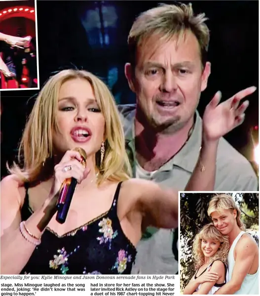  ??  ?? Especially for you: Kylie Minogue and Jason Donovan serenade fans in Hyde Park 80s soap stars: The pair in Neighbours
