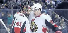  ?? STAN BEHAL/POSTMEDIA NETWORK ?? Ottawa Senators goaltender Craig Anderson gets congratula­ted by Matt Duchene after the Sens’ 4-3 win over the Toronto Maple Leafs on Jan. 11. The Sens are back in action Wednesday after their bye-week ended.