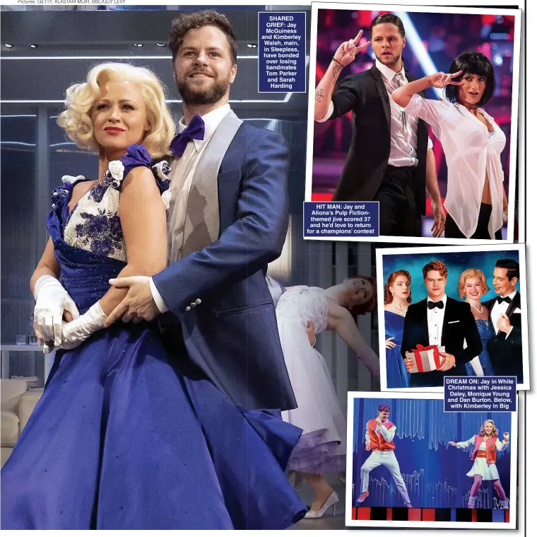  ?? ?? SHARED GRIEF: Jay McGuiness and Kimberley Walsh, main, in Sleepless, have bonded over losing bandmates Tom Parker and Sarah Harding
HIT MAN: Jay and Aliona’s Pulp Fictionthe­med jive scored 37 and he’d love to return for a champions’ contest