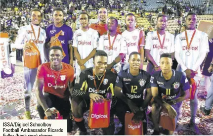  ??  ?? Issa/digicel Schoolboy Football Ambassador Ricardo Fuller (back row) shares a photo opportunit­y with members of the Digicel Manning Cup All-star XI team at the National Stadium recently.