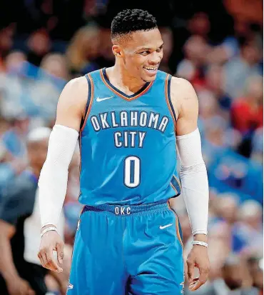  ?? [PHOTO BY BRYAN TERRY, THE OKLAHOMAN] ?? Russell Westbrook needs 16 rebounds in Wednesday’s season finale to average a triple-double for the second consecutiv­e season.