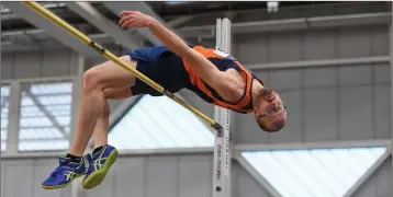  ??  ?? Francois Kulik of Sli Cualann AC competing in the men’s high jump in Abbotstown in 2019.