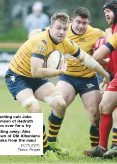  ?? PICTURES: Simon Bryant ?? Reaching out: Jake Clemson of Redruth dives over for a try Getting away: Alex Brown of Old Albanians breaks from the maul