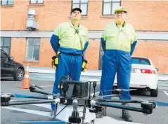  ?? Photo / Bevan Conley ?? Warrick Funnell (right) operates Agdrone’s agricultur­al spraying drone alongside secondary pilot Lewis Polglaze.