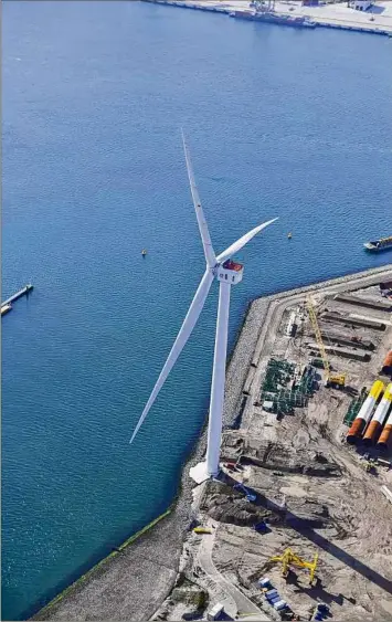  ?? Courtesy of GE ?? GE is currently prohibited from selling its Haliade-x offshore wind turbines, shown here, after it lost a patent-infringeme­nt case brought against it by Siemens Gamesa.