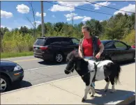  ?? AP PHOTO/MARY ESCH ?? In this May 12 photo, Ann Edie, who has been blind since birth, walks with her miniature guide horse Panda on a street near her home in suburban Albany, N.Y. Retired teacher Edie and her husband drained more than $30,000 from their retirement nest egg...