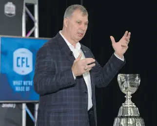  ?? ADRIAN WYLD/THE CANADIAN PRESS ?? CFL commission­er Randy Ambrosie believes the league can make its Grey Cup game more appealing to fans if it’s played earlier in the year, when the weather is usually still pleasant.