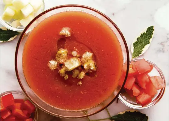  ?? Dixie D. Vereen / For the Washington Post ?? When serving a classic gazpacho, provide plenty of add-ins such as fresh peppers, onions and tomato on the side.