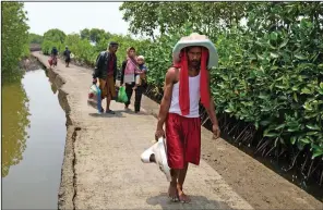  ?? ?? Aslori carries toilets he recovered from his and a relative’s house Sept. 5 as he and several neighbors return from visiting their old abandoned houses in Mondoliko, Indonesia.