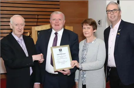  ??  ?? Recently a presentati­on was made to Hugh and Helen McLean to mark the occasion of the closing of their public house in Ballinfull after 48 years. They are pictured above with Councillor­s Tom Fox and Donal Gilroy at County Hall, Sligo.