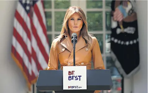  ??  ?? Melania Trump announces her agenda as First Lady from the White House rose garden, criticisin­g bullying on social media and urging children to ‘be best’