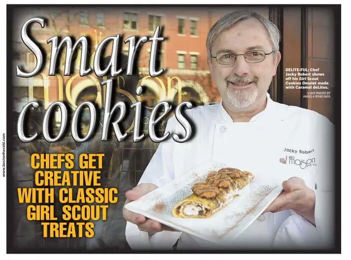  ?? STAFF PHOTO BY ANGELA ROWLINGS ?? DELITE-FUL: Chef Jacky Robert shows off his Girl Scout Cookies Omelet made with Caramel deLites.