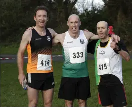  ??  ?? Gary Condon of Bray Runners, left, finished second in the men’s race, Parnell A Quinn came home in first place and Kilcoole AC’s Brian Gurrin Kilcoole finished i