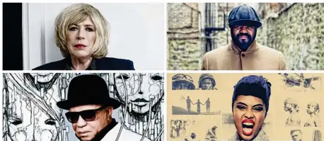  ??  ?? Marianne Faithfull, Gregory Porter, Salif Keita et Imany (photos E. Guillemain, S. Peters, T. Chene et B. Claiborne).