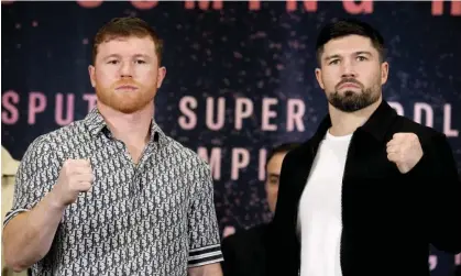  ?? Photograph: Ulises Ruiz/AFP/Getty Images ?? Canelo Álvarez, left, and John Ryder pose for a picture during a press conference to present their fight on Tuesday in Zapopan, Mexico.