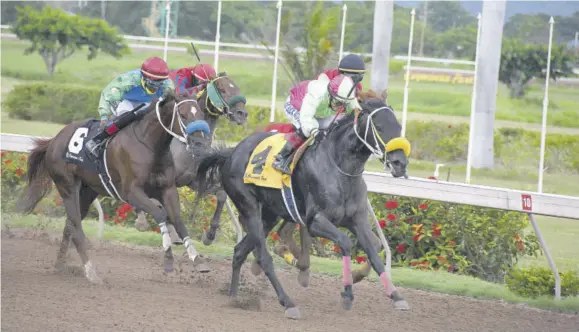  ?? (Photos: Garfield Robinson) ?? EARNS FIRST WIN ON LOCAL SOIL (#4 Dick Cardenas) pounced on rivals with a furlong to go to win her first race.