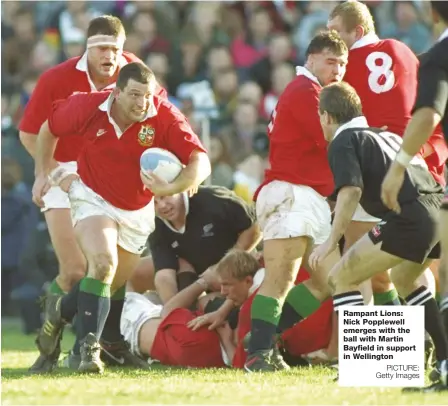  ?? PICTURE: Getty Images ?? Rampant Lions: Nick Popplewell emerges with the ball with Martin Bayfield in support in Wellington