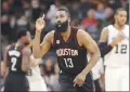  ?? Associated Press photo ?? In this May 9 file photo, Houston Rockets guard James Harden (13) gestures during Game 5 in the team's second-round NBA basketball playoff series against the San Antonio Spurs in San Antonio.