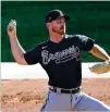  ??  ?? Josh Tomlin, the Braves’ biggest offffseaso­n bullpen addition, delivers from the practice mounds at Cooltoday Park on Thursday.