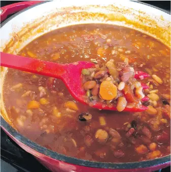  ??  ?? Dried beans are the foundation for this hearty soup. Start with a bag of beans, and build the soup with whatever is in your kitchen.