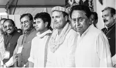  ??  ?? Madhya Pradesh Chief Minister Kamal Nath with Congress President Rahul Gandhi and party leader Jyotiradit­ya Scindia at a recent rally