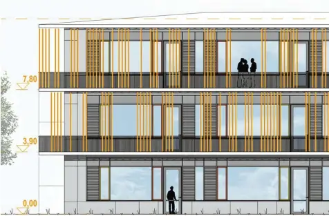  ??  ?? So könnte die Lamellen Variante an der Fassade des neuen Schulzentr­ums in Rain aussehen.