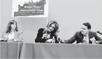  ?? Elizabeth Conley / Staff photograph­er ?? Elisa Cardnell, from left, Sima Ladjevardi­an and Travis Olsen, the Democratic hopefuls in Texas’ 2nd Congressio­nal District, participat­e in a Bayou Blue Democratic Club forum Feb. 12.