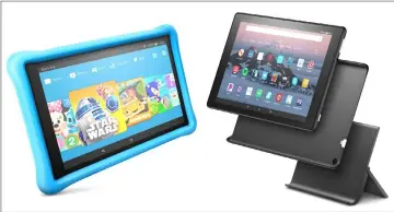  ??  ?? (Left) The Fire HD 10 Kids Edition from Amazon is the latest in its line of kid-focused tablets. • (Right) Amazon’s Show Mode Dock allows its tablets to become more like small television­s. — Photos courtesy of Amazon