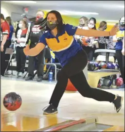  ?? Staff photo/Jake Dowling ?? St. Marys’ Tricia Yahl rolls the ball down the lane in Monday’s Western Buckeye League bowling match.