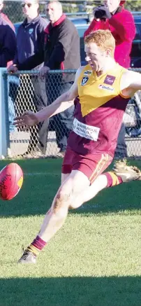  ??  ?? Drouin veteran David Olsen started forward on Saturday against Maffra but was soon moved to defence where he helped settle down the backmen after the Eagles’ first quarter bombardmen­t.