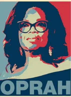  ?? FOTO ISOPIX ?? Televisies­ter Oprah Winfrey afgebeeld in de stijl van de iconische campagnepo­ster van Barack Obama in 2008.