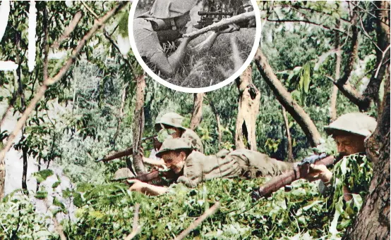  ??  ?? INSET, RIGHT: An Australian sniper ‘in action’, Portuguese Timor, 12 December 1942BELOW: Australian ‘guerrillas’ pose for war correspond­ent Damien Parer in the typical type of country in which they were fighting, Portuguese Timor, 12 December 1942