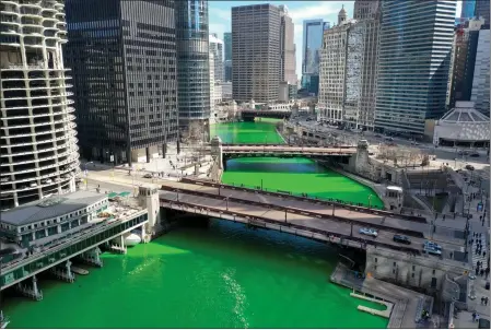  ?? SCOTT OLSON — GETTY IMAGES ?? An aerial picture taken with a drone shows the Chicago River as it flows through downtown after it was dyed green in celebratio­n of St. Patrick’s Day on March 13, 2021, in Chicago.